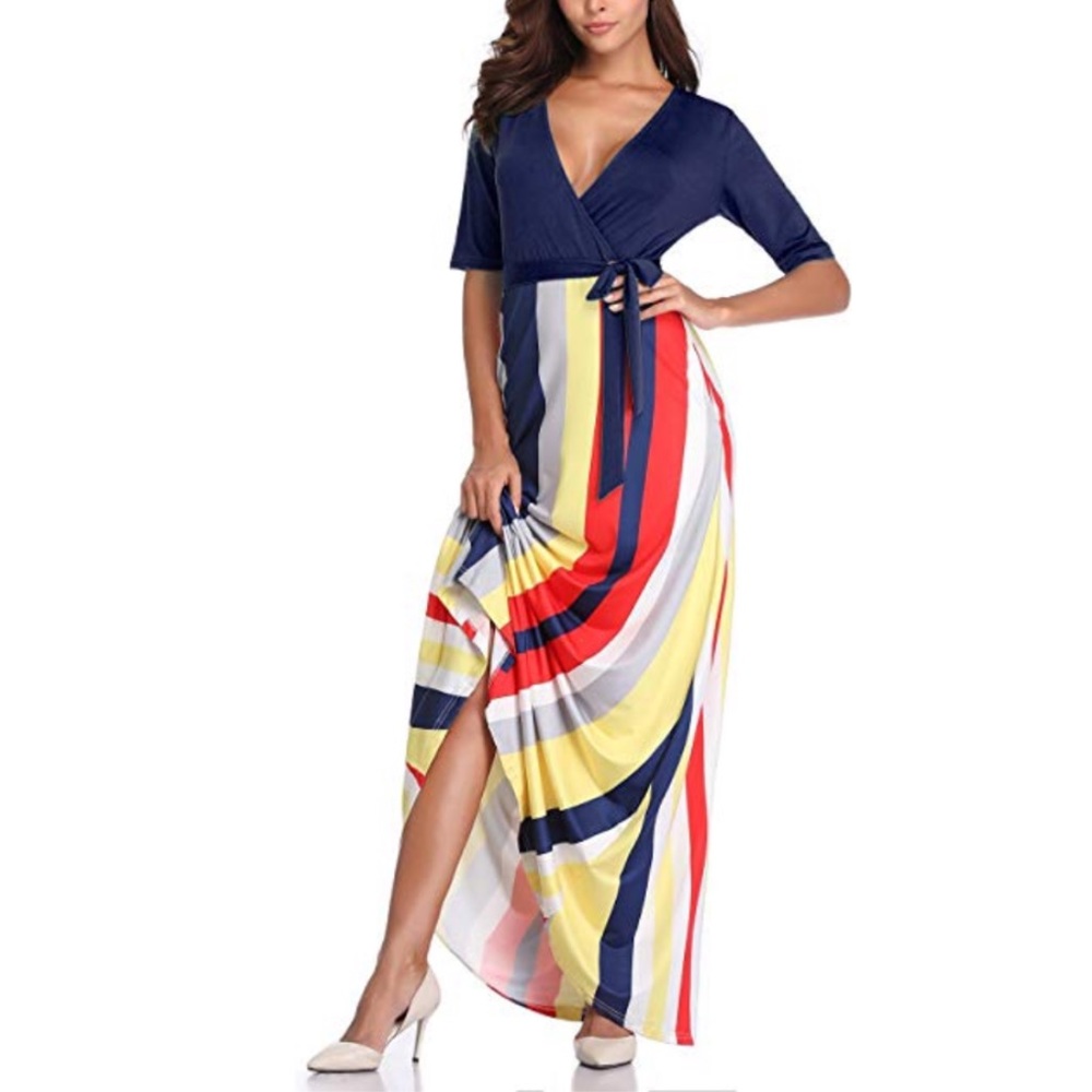 Stripped Mermaid Hem Belted V Neck Maxi Dress - Picture 3 of 4